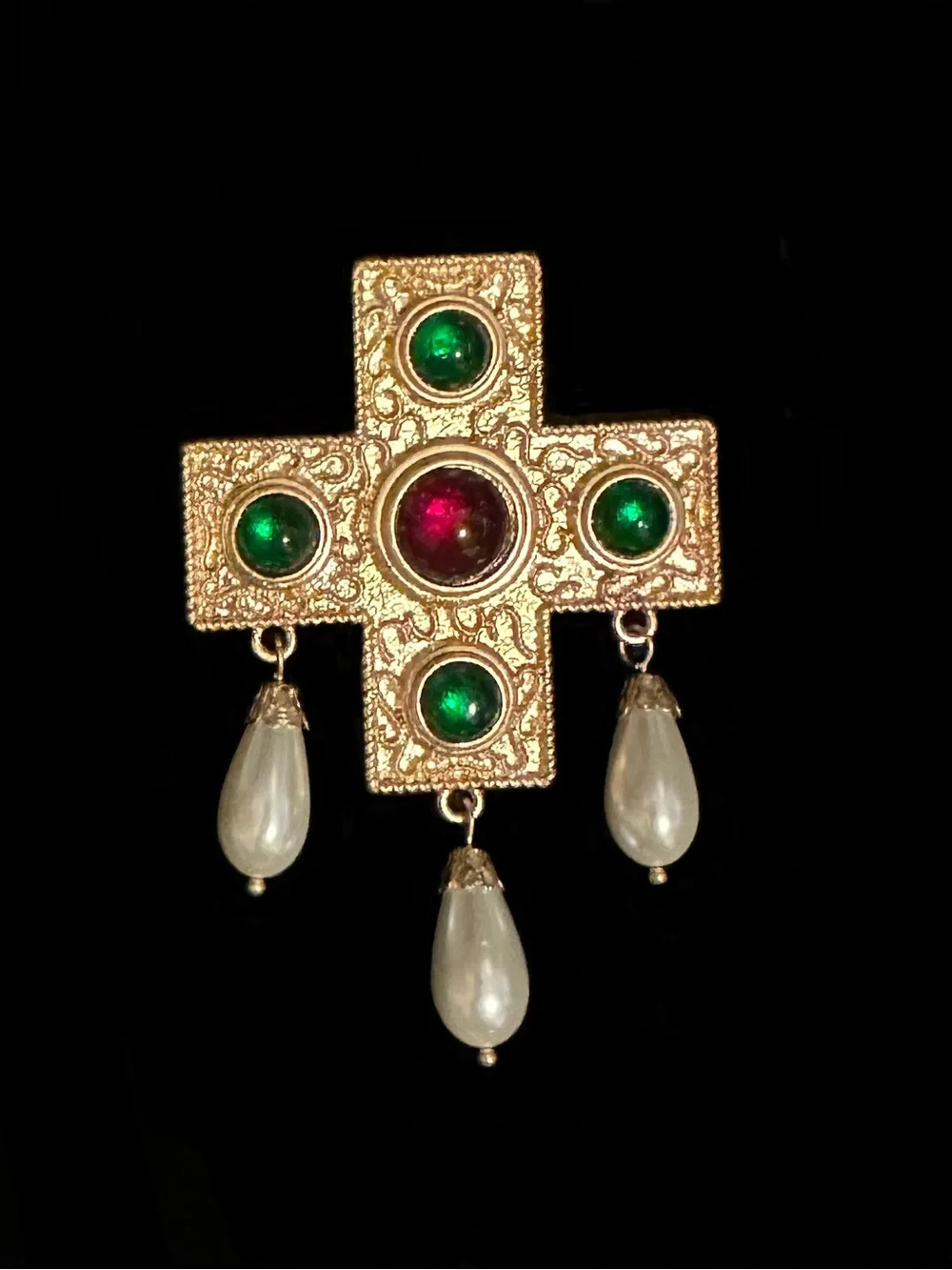 Gold-Tone Cross Pendant/Brooch with Green and Red Cabochons and Pearl Drops
